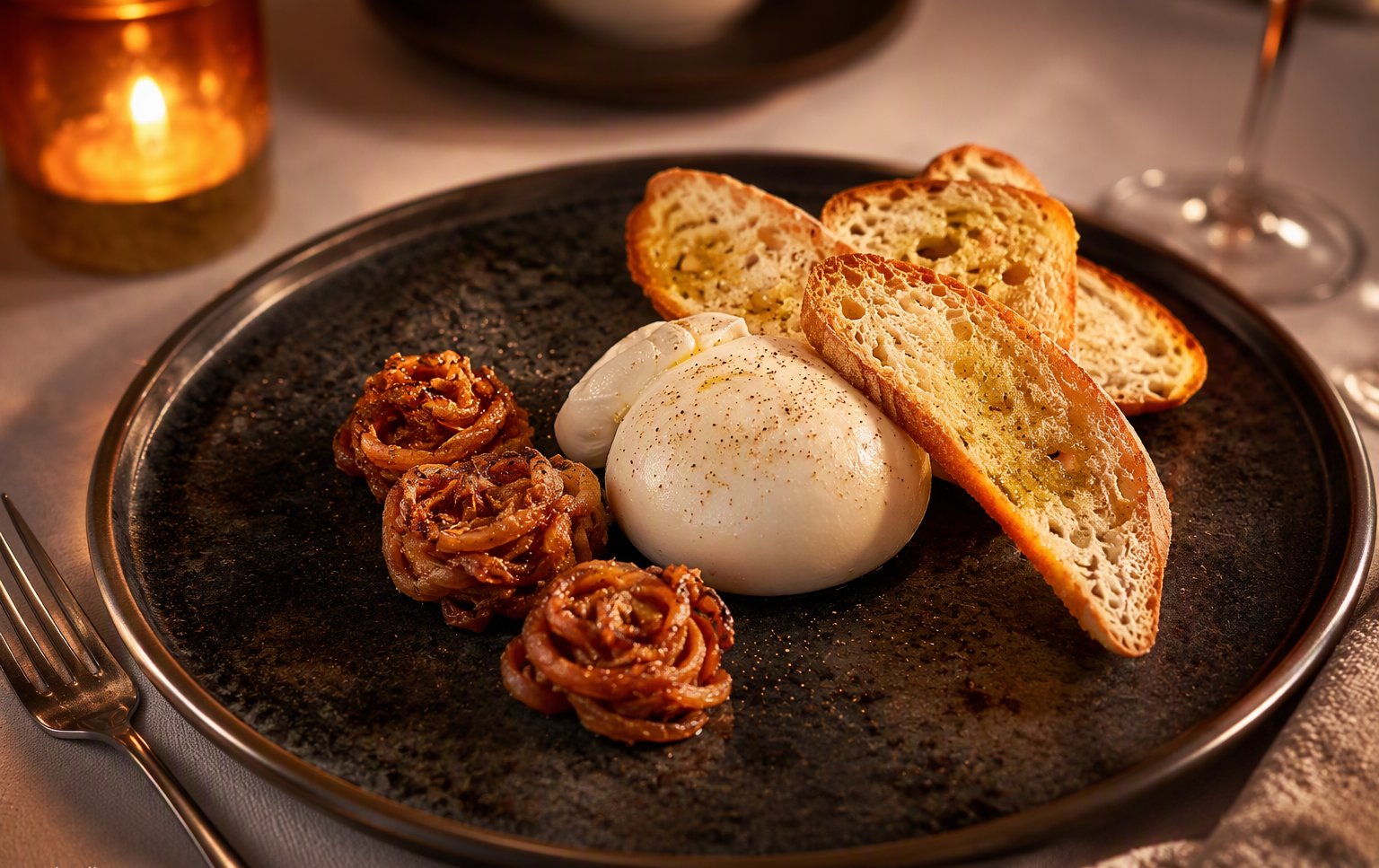 La burrata con crostini e cipolle croccanti